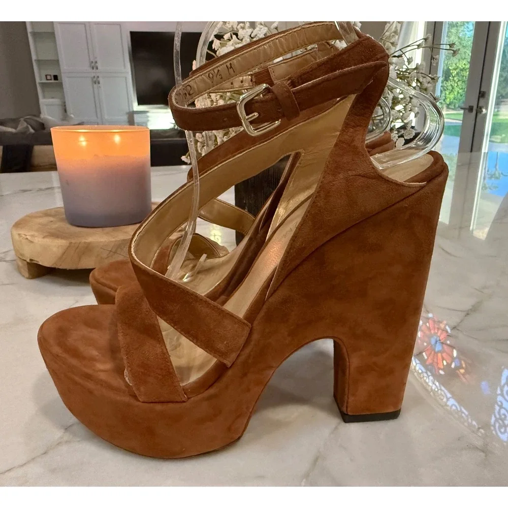 Stuart Weitzman Brown Suede Saucy Platform Wedge Sandals Ankle Strap Heels 9.5 M